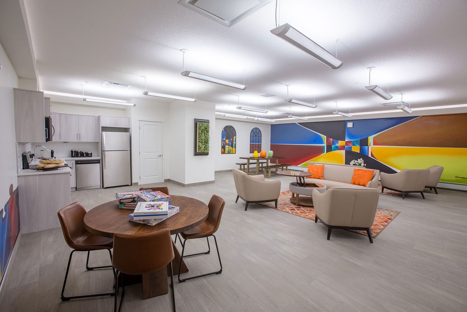 Amenity room kitchen and dining table