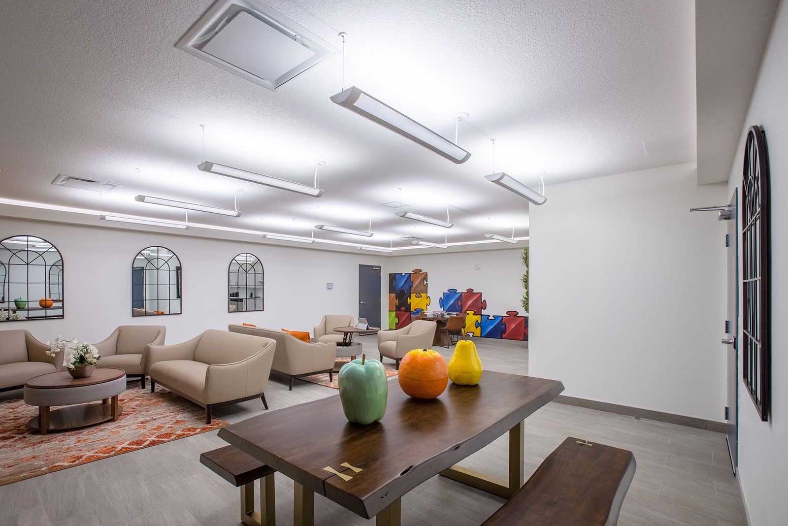 Amenity room lounge and harvest table