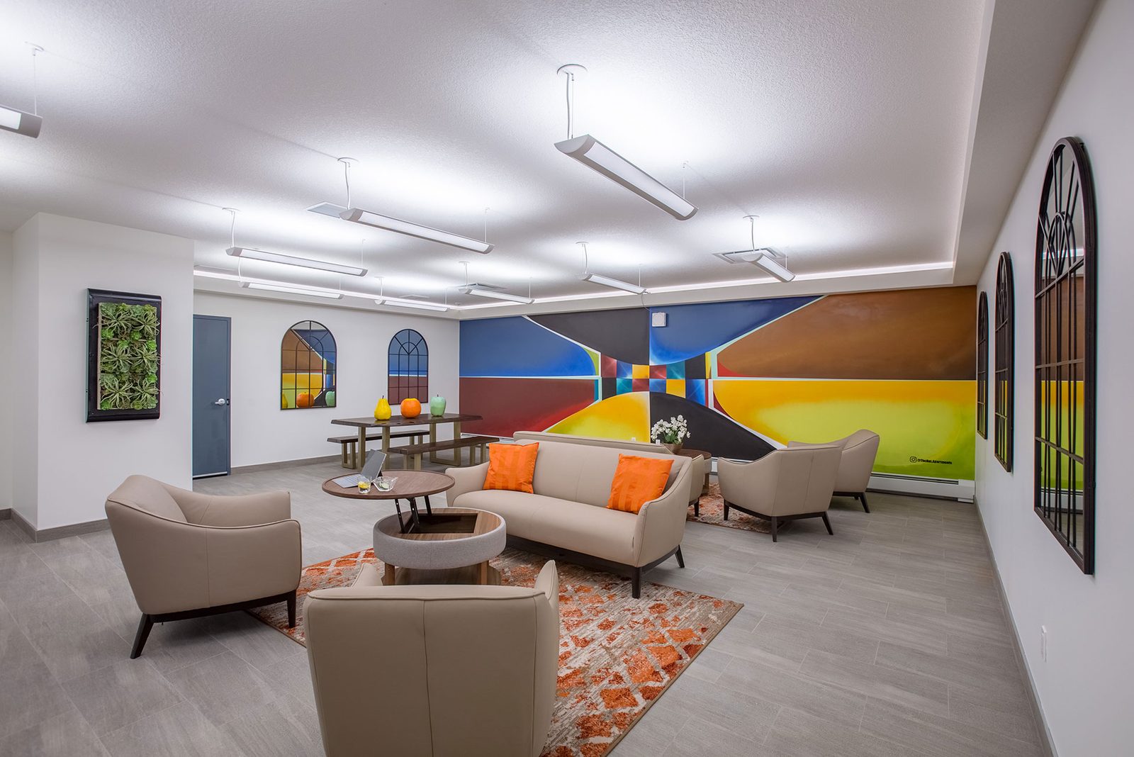 Amenity room seating with mural