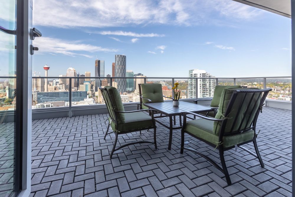 Patio set on a terrace with downtown views