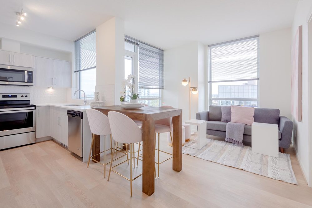 Open kitchen, dining and living area