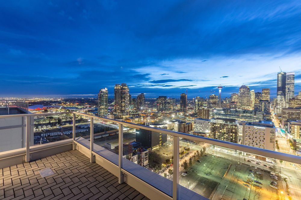Night view of downtown from a balcony