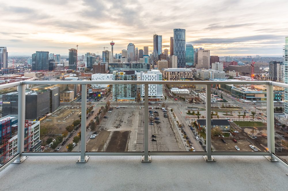 The downtown skyline from a balcony