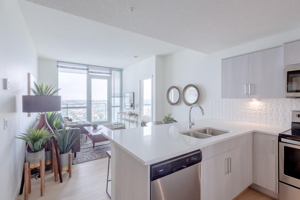 Kitchen and living room with downtown views