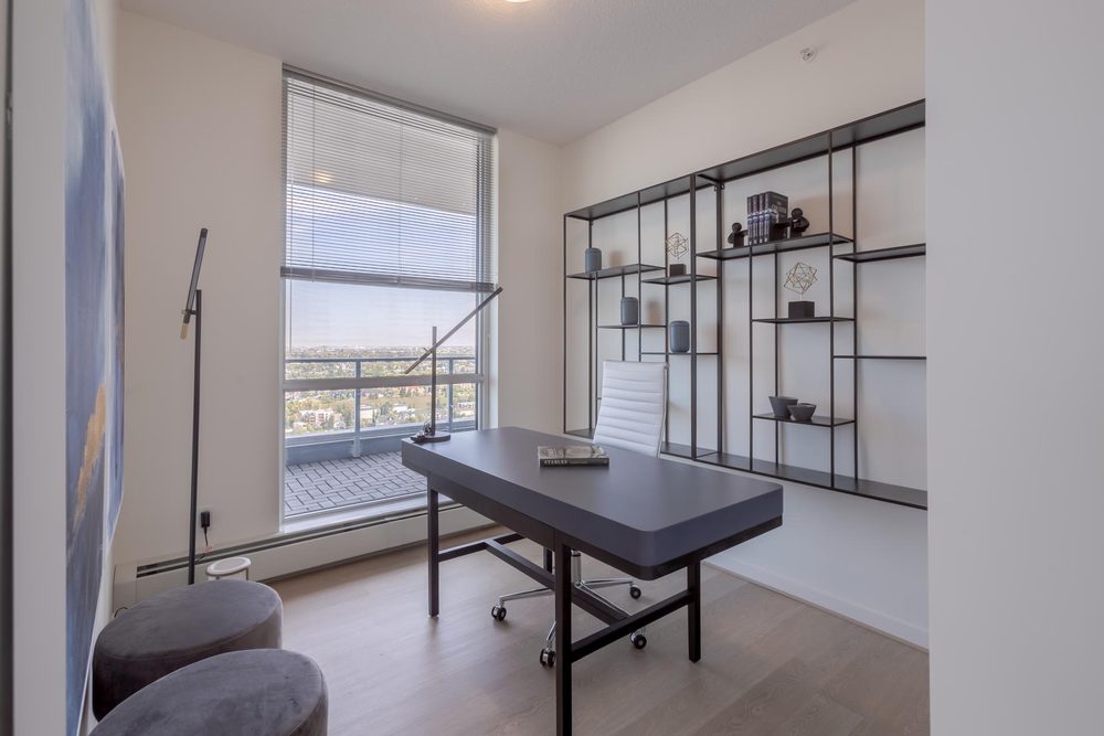 Home office corner with shelving