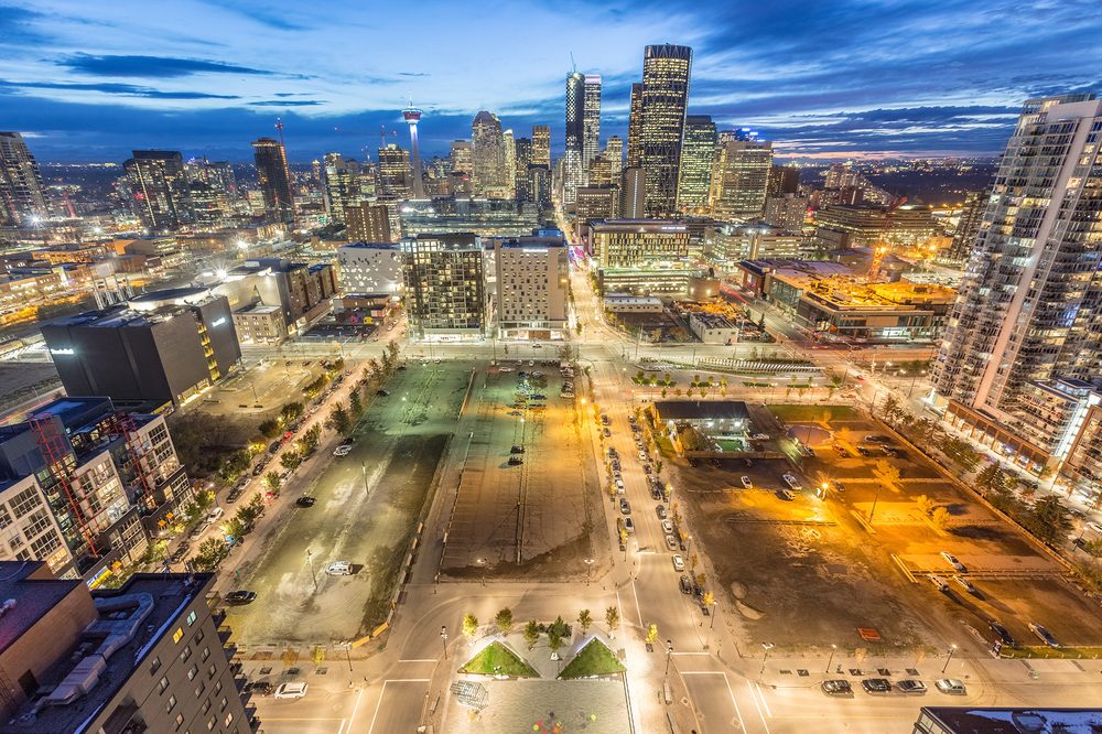 East Village and downtown at night, from above