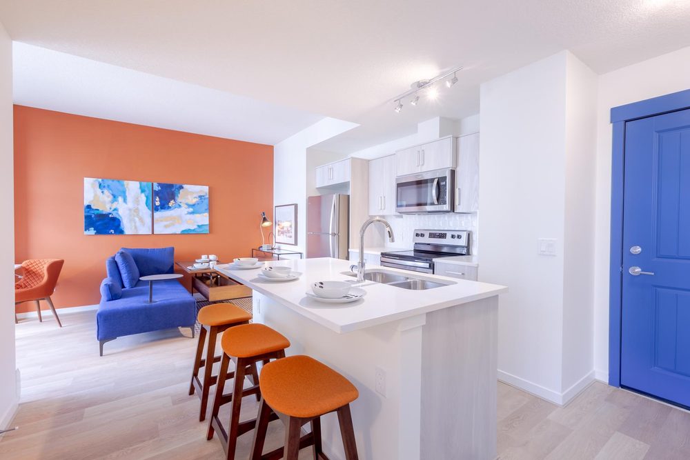 Kitchen and blue sofa with an orange feature wall